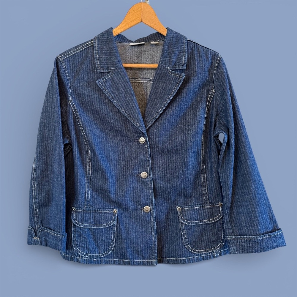 Women's Halogen Denim Striped Y2K‎ Cotton Jacket/Blazer XL Top (Like a Large)